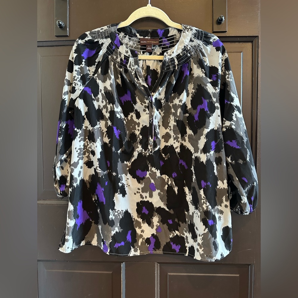 Dana Buchman Large Purple Black Gray Lightweight Long Sleeve Blouse Top